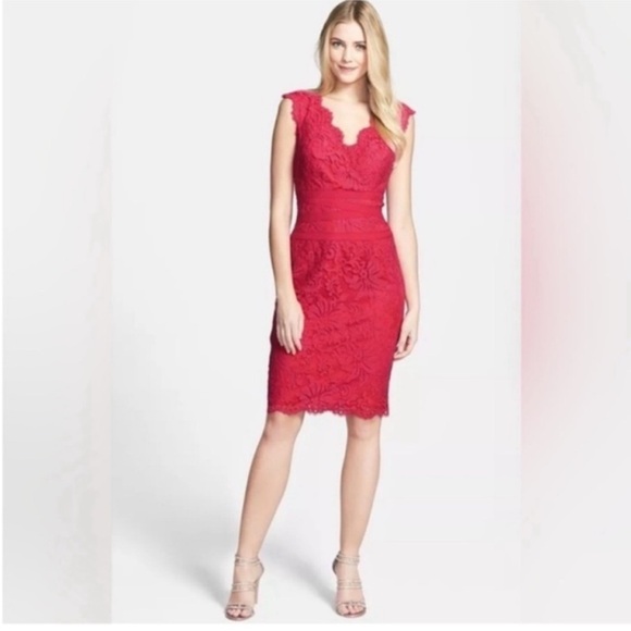 Tadashi Shoji Red Lace Pencil Dress Size 8 - Picture 12 of 12